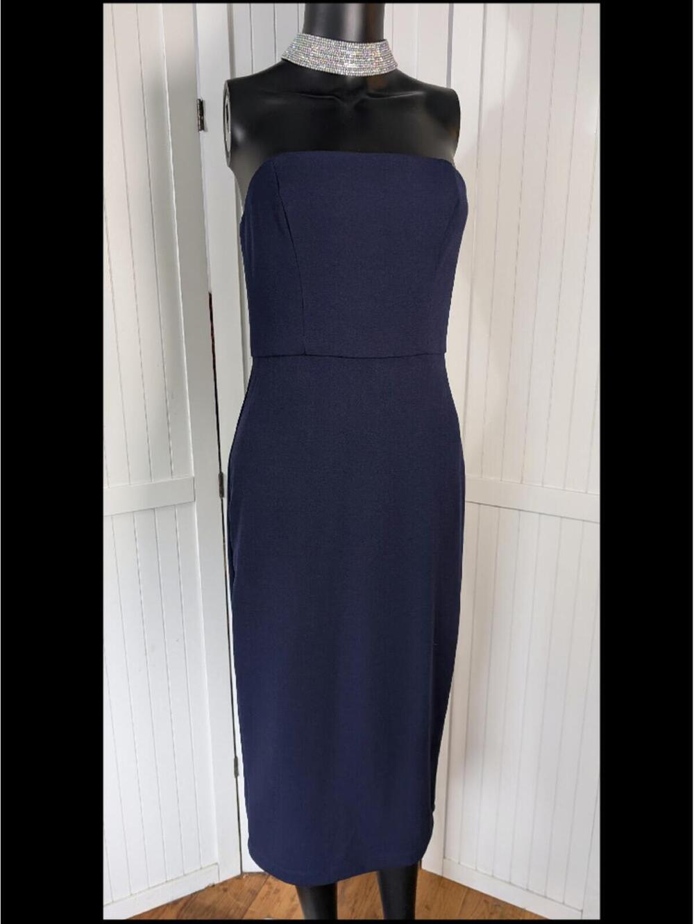 Premier Amour Navy Rhinestone Choker Halter Midi Dress 8 Formal Prom Wedding